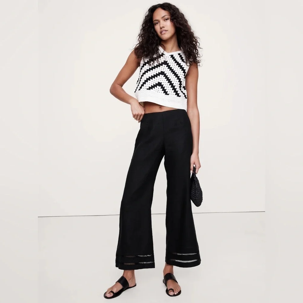 NWT! Banana Republic Mid-Rise Kick-Flare Lace-Trim Linen Ankle Pant - 12 LONG 🤎